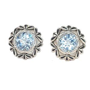 Sterling Silver Ann King Blue Topaz Flower Halo Omega Back Earrings Pierced Ears